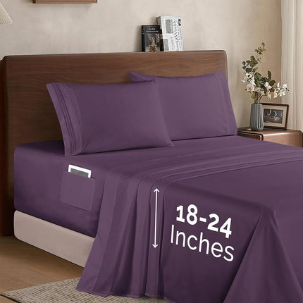 Elegant Comfort Luxury 1500 Premium Hotel Quality Microfiber 4-Piece Sheet Set - Soft, All Around Elastic 18-24 Inches Deep Fitted Sheet - Extra Deep Pocket Sheets, King, Eggplant-Purple