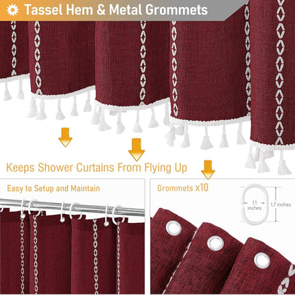 BTTN 54x78 Boho Farmhouse Linen Heavy Duty Shower Curtain Set, Burgundy