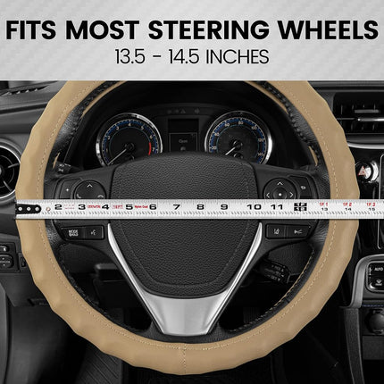 BDK Genuine Leather Car Steering Wheel Cover Small Size 13.5 to 14 Inch Beige -, Easy Installation