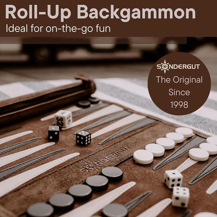 Sondergut Grey Travel-Size Backgammon Set - Genuine Suede, Portable, Roll-up Lightweight Travel Game - 2 Players, Ages 12+