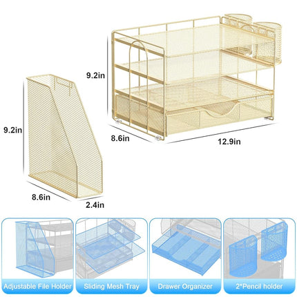 gianotter Paper Letter Tray Organizer with File Holder, 4-Tier Desk Accessories & Workspace Organizers with Drawer and 2 Pen Holder, Desk Organizers and Accessories for Office Supplies, 4T-2
