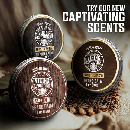 Viking Revolution - Beard Balm - 4 x 28 g Variety Pack - Sandalwood, Pine & Cedar, Bay Rum, Clary Sage - Beard Wax For Men - Styles, Strengthens & Softens - Gifts for Men