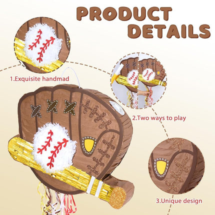 WERNNSAI Baseball Piñata - Baseball Piñata Bundle with Blindfold and Bat Sports Birthday Party Decorations for Boys Kids Pull String Baseball Gloves Piñata Family Games Baseball Party Supplies