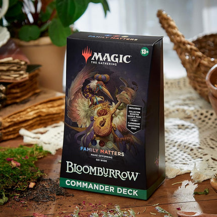 Magic: The Gathering Bloomburrow Commander Deck - Family Matters (100-Card Deck, 2-Card Collector Booster Sample Pack + Accessories) (English Version)