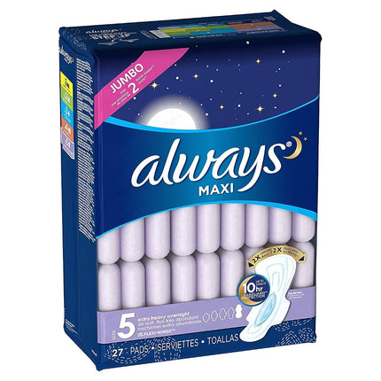 Always Maxi, Size 5, Extra Heavy Overnight Pads with Flexi-Wings, Unscented, 27 Count. 2 Pack. (Includes (2) 27-Count Packages So You are Getting 54 Pads Total.) Jumbo Pack. Over 4 Month Supply.