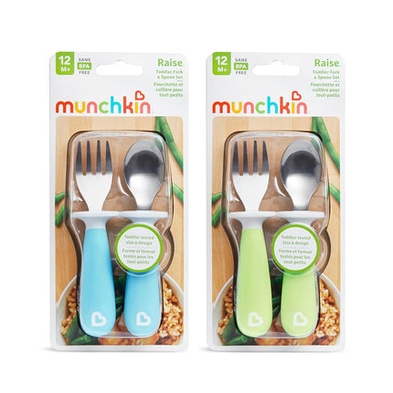 Munchkin 4 Count Raise Toddler Fork and Spoon, Blue/Green, 12+