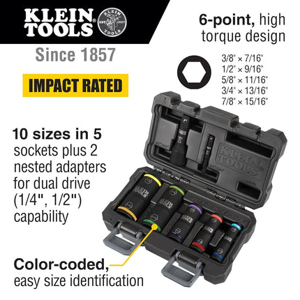 Klein Tools Impact Socket Set - 5 Sockets, 1/4-Inch Hex & 1/2-Inch Square Adapters, 7-Piece