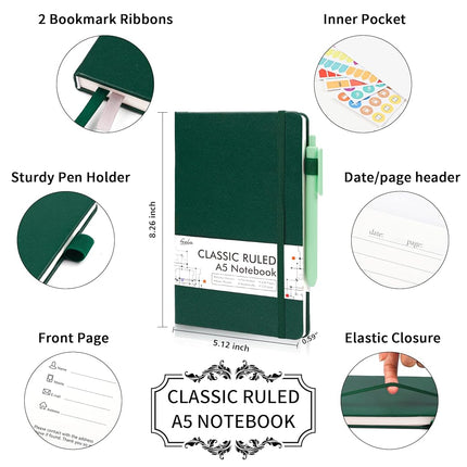 3 Pack Notebooks Journals Bulk with 3 Black Pens, Feela A5 Hardcover Notebook Classic Ruled Lined Journal Set with Pen Holder for Work Business Journaling Note Taking, 120 GSM, 5.1”x8.3”, Dark Green