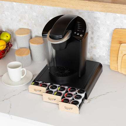 Mind Reader 36 Capacity 'Anchor' Triple Drawer K-Cup, Dolce Gusto, CBTL, Verismo, Single Serve Coffee Pod Holder Drawer, Black with Brown Wood Veneer