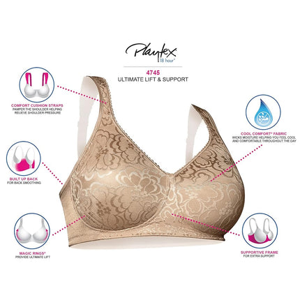 Playtex Women's Wireless, 18 Hour Plus-Size Bras Available, Ultimate Lift, Moisture-Wicking, Single Or 2-Pack, Mother of Pearl, E