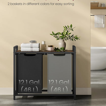 VASAGLE Laundry Hamper, Laundry Basket, Laundry Sorter with 2 Pull-Out and Removable Bags, Shelf, Metal Frame, 2 x 12.1 Gallons (46 L), 28.8 x 13 x 28.4 Inches, Bicolor and Rustic Brown UBLH201X01