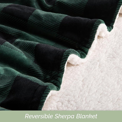 Elegant Comfort Ultra Soft Reversible Buffalo Plaid Flannel Sherpa Blanket - Cozy Silky Checkered Fleece Throw for Couch, Bed - Plush Fuzzy Warm Winter Blanket for Gift, Full, Green