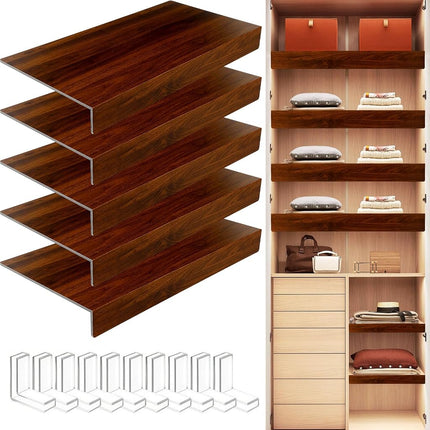 FAHKNS 5 Caches d'étagère en PVC expansé, 56x30x7,6cm, Couvre-étagères Effet Bois avec Protections d'angle pour Rangement de Placard Amovible, Étagères de Cellier, Vestiaire, Noyer