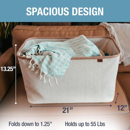 CleverMade Collapsible Fabric Laundry Basket - Premium Foldable Pop Up Storage Bin - Space Saving Hamper with Side Handles Large, Cream Herringbone, 2 Pack