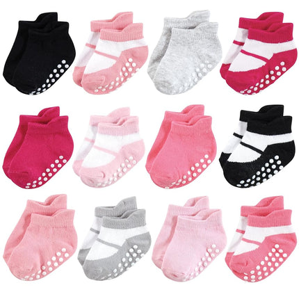 Hudson Baby Unisex Baby Non-Skid No-Show Socks, Pink Black, 4-6 Toddler