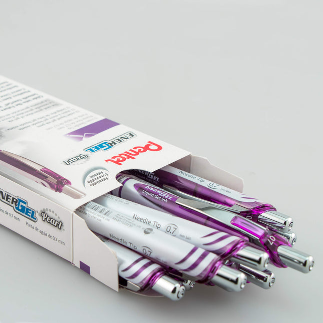 Stylo-bille rétractable Pentel EnerGel RTX Pearl, pointe moyenne (0,7 mm), encre violette, paquet de 12 (BLN77PW-V)