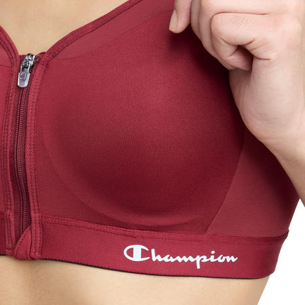 Champion Women's Sports Bra, Motion Control Front-Zip, High-Impact Maximum Support, Breathable, Moisture-Wicking, Pomegranate, 38DD