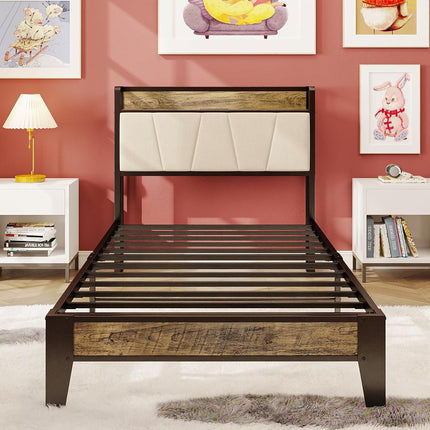 LIKIMIO Twin XL Bed Frames, Storage Headboard with Charging Station, Solid and Stable, Noise Free, No Box Spring Needed, Easy Assembly (Walnut and Beige)