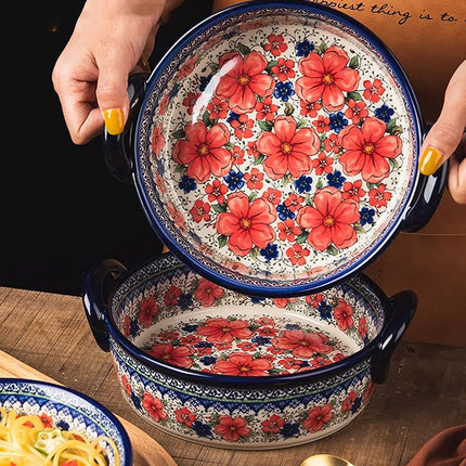 Bicuzat Vintage Style Cherry Blossom Flowers Pottery Bakeware Ceramic Casserole Dish Baking Pan Lasagna Pans Baking Dish with Handles for Oven to Table-1 PCS, 32 oz