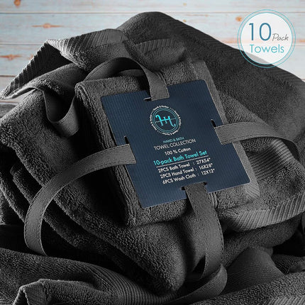 Hearth & Harbor 100% Ring Spun Cotton Bath Towels for bathroom - Luxury Bathroom Towels - Soft & Highly Absorbent Bath Towels Set, 10 Piece Set (2 Bath Towels, 2 Hand Towels, 6 Washcloths) - Black