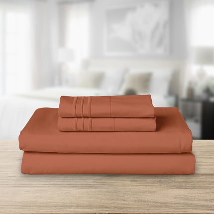 Elegant Comfort Luxurious 1500 Premium Hotel Quality Microfiber Three Line Embroidered Softest 4-Piece Bed Sheet Set, Wrinkle and Fade Resistant, King, Coral