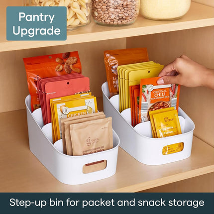 YouCopia ShelfBin, 4 Stairstep Raised Divided Bin, BPA-Free Storage Caddy for Kitchen Pantry and Cabinet, Tiered Packet Organizer, Speckled White