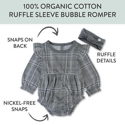 HonestBaby barboteuse et bandeau unisexe pour bébé 100 % coton biologique pour nourrissons et tout-petits garçons, filles, unisexe, lot de 2 à carreaux gris, 6-9 mois