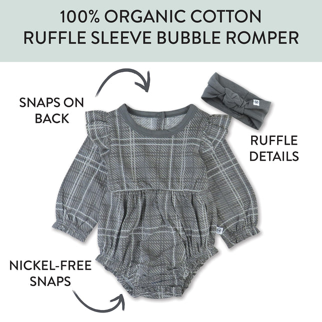 HonestBaby unisex-baby Bubble Romper and Headband Set 100% Organic Cotton for Infant Baby and Toddler Boys, Girls, Unisex, 2-pack Gray Plaid, 3-6 Months