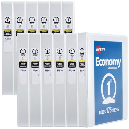 Avery Economy View 3 Ring Binders, 1" Round Rings, 12 White Binders (05711)