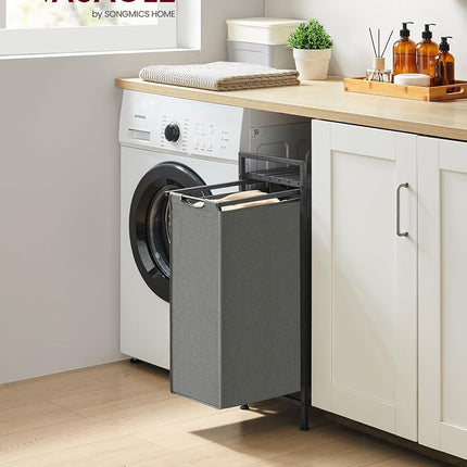 VASAGLE Laundry Basket, Slim Laundry Hamper, Laundry Sorter with a Separable and Removable Bag, Shelf, Metal Frame, 42 x 28 x 75 cm, Slate Grey &