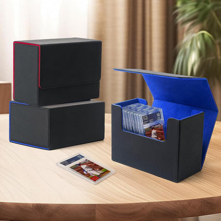 AWESOPAL Premium Graded Card Storage Box, PU Leather Case for PSA BGS Slabs, Toploader Holder for Trading & Sports Cards Fits 3” x 4” Rigid Cards (Black&Blue)