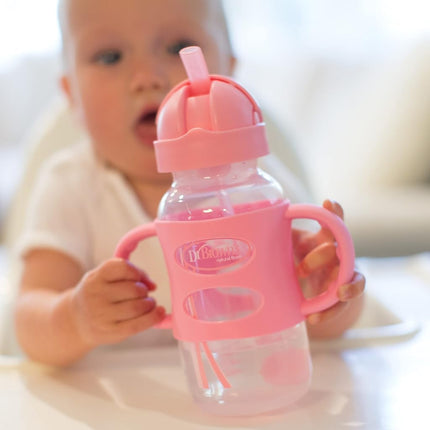 Dr. Brown's Wide-Neck Sippy Straw Bottles with Silicone Handles, Gray and Pink, 270ml, 9 Oz (Pack of 2)