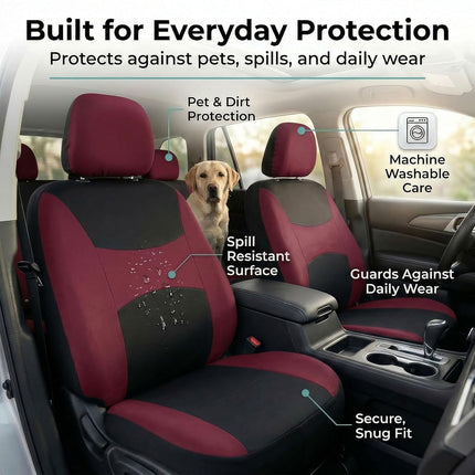 FH Group Light & Breezy Cloth Car Seat Covers, 7 Seater Three Row Set- Airbag & Split Ready -Universal for Cars Trucks and SUVs Burgundy/Black