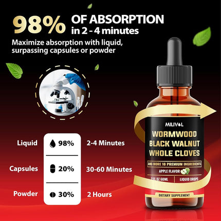 Milivol 13in1 Wormwood Liquid Drops - Black Walnut Wormwood Liquid with Whole Cloves & More - 60 Day Supply - 2 Fl Oz