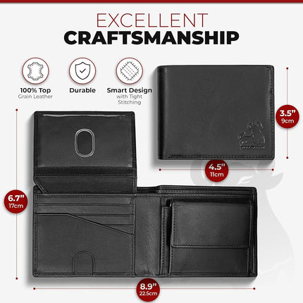 RFID Bifold Leather Wallet For Men with Flip Up ID in Vintage Buffalo Brown, With Coin Pocket - Nappa Black, Classic
