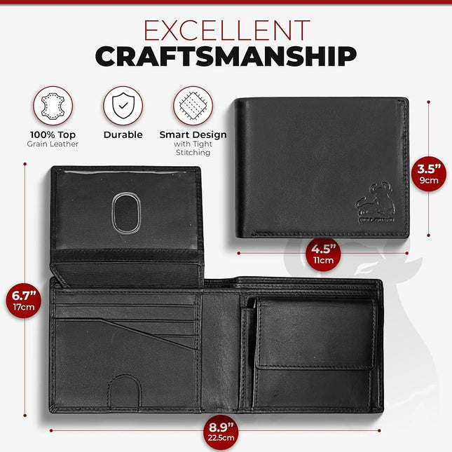 RFID Bifold Leather Wallet For Men with Flip Up ID in Vintage Buffalo Brown, With Coin Pocket - Nappa Black, Classic