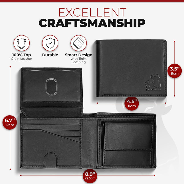 Portefeuille en cuir bifold RFID pour homme avec porte-cartes dépliant en cuir de buffle vintage marron, avec poche à monnaie – Nappa noir, Classique