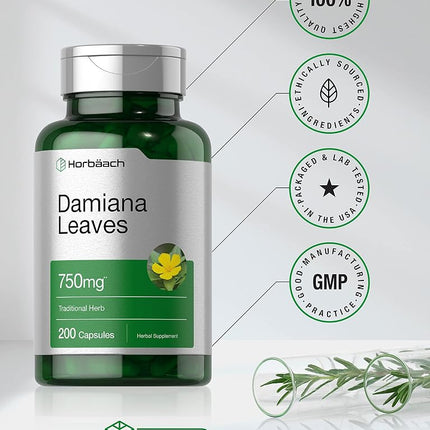 Horbäach Damiana Leaf Extract | 200 Capsules | Herbal Supplement