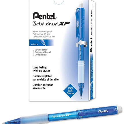 Pentel Twist-Erase Express Mechanical Pencil (0.9mm) Fashion Color, Sky Blue Barrel, Box of 12 (QE419S)