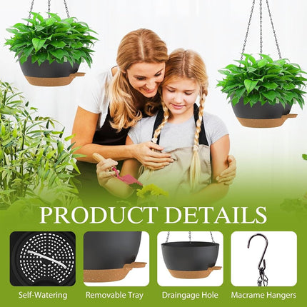 SQKH 10 Inch Hanging Baskets 2 PC with Chains, Self-Watering Hanging Planters for Indoor Outdoor Plants, Plastic Hanging Flower Pots,Black Brown