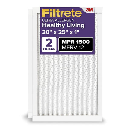Filtrete 20x25x1 Air Filter, MPR 1500, MERV 12, Healthy Living Ultra-Allergen 3-Month Pleated 1-Inch Air Filters, 2 Filters