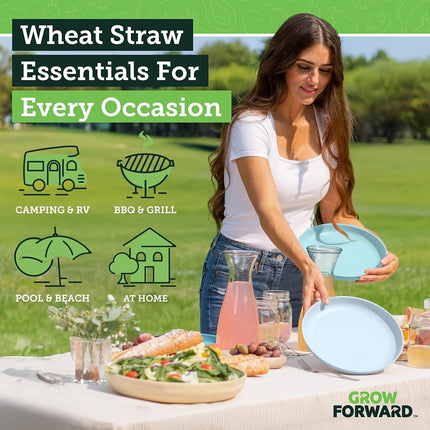 Grow Forward Premium Wheat Straw Plates and Bowls Sets - 8-Piece Wheat Straw Dinnerware Sets - Unbreakable & Reusable Microwave Safe Plastic Dinner Plates for Outdoors, RV, Camping Dishes - Seascape