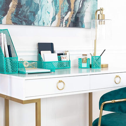 BLU MONACO | Dark Teal Desk Organizer Set | 5 Piece Metal Desk Accessories with Mail Sorter, Pen Cup, Sticky Note Holder, Magazine File, Paper Tray | Desk Organizers and Accessories