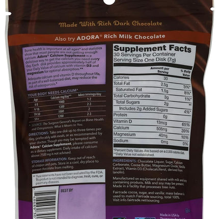 Adora Calcium Supplement Disk, Organic Dark Chocolate, 30 Count - 500 mg