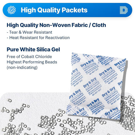Dry & Dry 100 Gram Pack of 5 Premium Silica Gel Packets Desiccant Dehumidifiers - Rechargeable Fabric