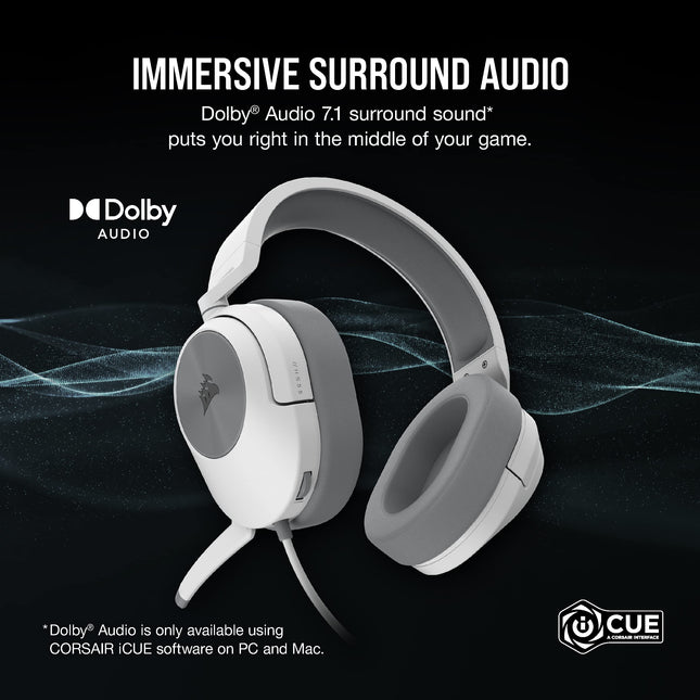 Corsair HS55 Surround v2 Multiplatform Gaming Headset � Dolby Atmos � Lightweight � Memory-Foam Leatherette � Omni-Directional Microphone � PC, Mac, PS5/PS4, Xbox Series X|S, Switch, Mobile � White
