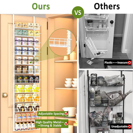 Churboro Over the Door Pantry Organizer Rack with 12 Adjustable Baskets, 12 Tiers Dual-use Spice Rack- Hanging or Wall Mount Spice Rack, Pantry Door Organizer, White