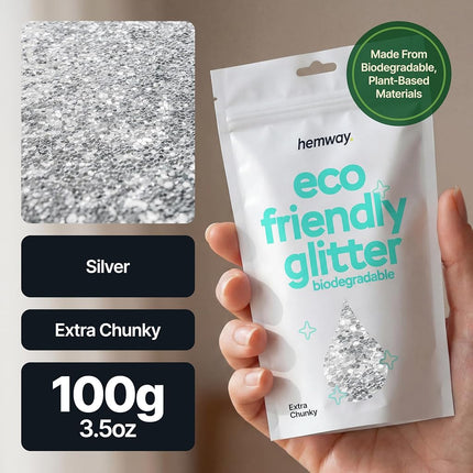 Hemway Eco Friendly Biodegradable Glitter 100g / 3.5oz Bio Cosmetic Safe Sparkle Vegan for Face, Eyeshadow, Body, Hair, Nail and Festival Makeup, Craft - 1/24" 0.04" 1mm - Silver
