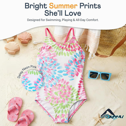 Kanu Surf Girls' Daisy Beach Sport 1-Piece Swimsuit, Daisy Red/White/Blue, 10