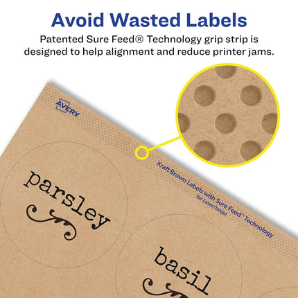 Avery Kraft Brown Round Labels with Sure Feed, 2.5" Diameter, 135 Kraft Brown Labels, Print-to-The-Edge, Laser/Inkjet Printable Labels